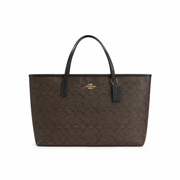 Coach City Tote – Brown Signature Canvas with Black Trim