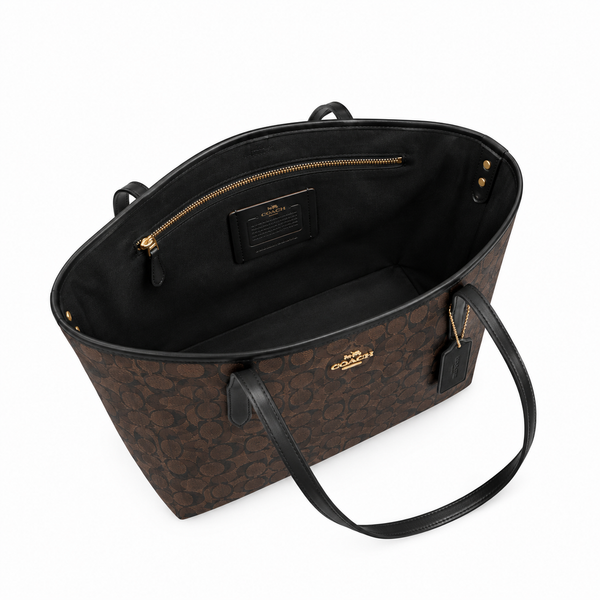 Coach City Tote – Brown Signature Canvas with Black Trim