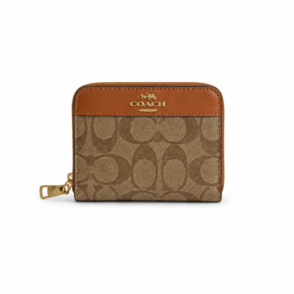 Coach Zip Around Wallet – Khaki Signature Canvas with Saddle Trim
