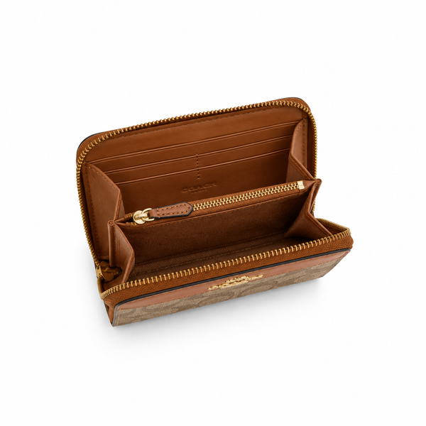 Coach Zip Around Wallet – Khaki Signature Canvas with Saddle Trim