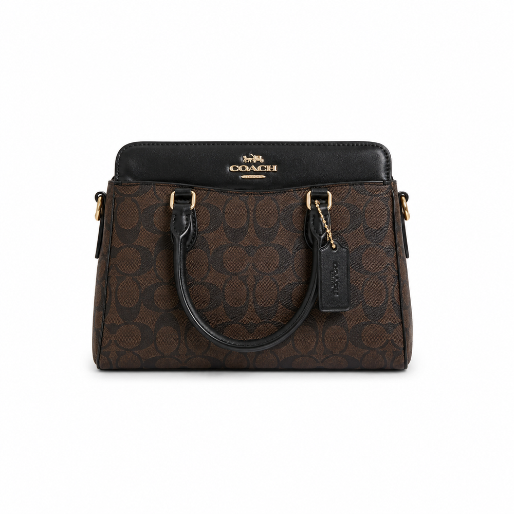 Coach Drew Satchel – Brown Signature Canvas with Black Trim