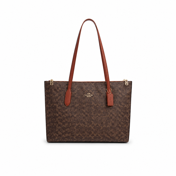 Coach Zip Top Tote – Brown Signature Canvas with Saddle Trim
