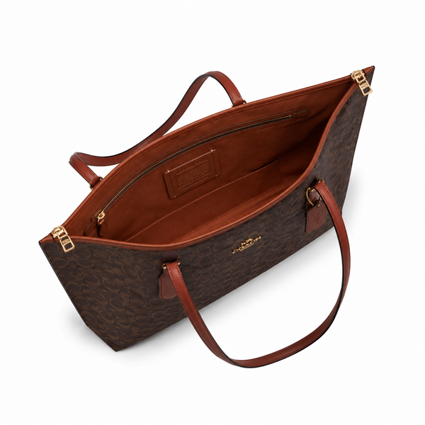 Coach Zip Top Tote – Brown Signature Canvas with Saddle Trim