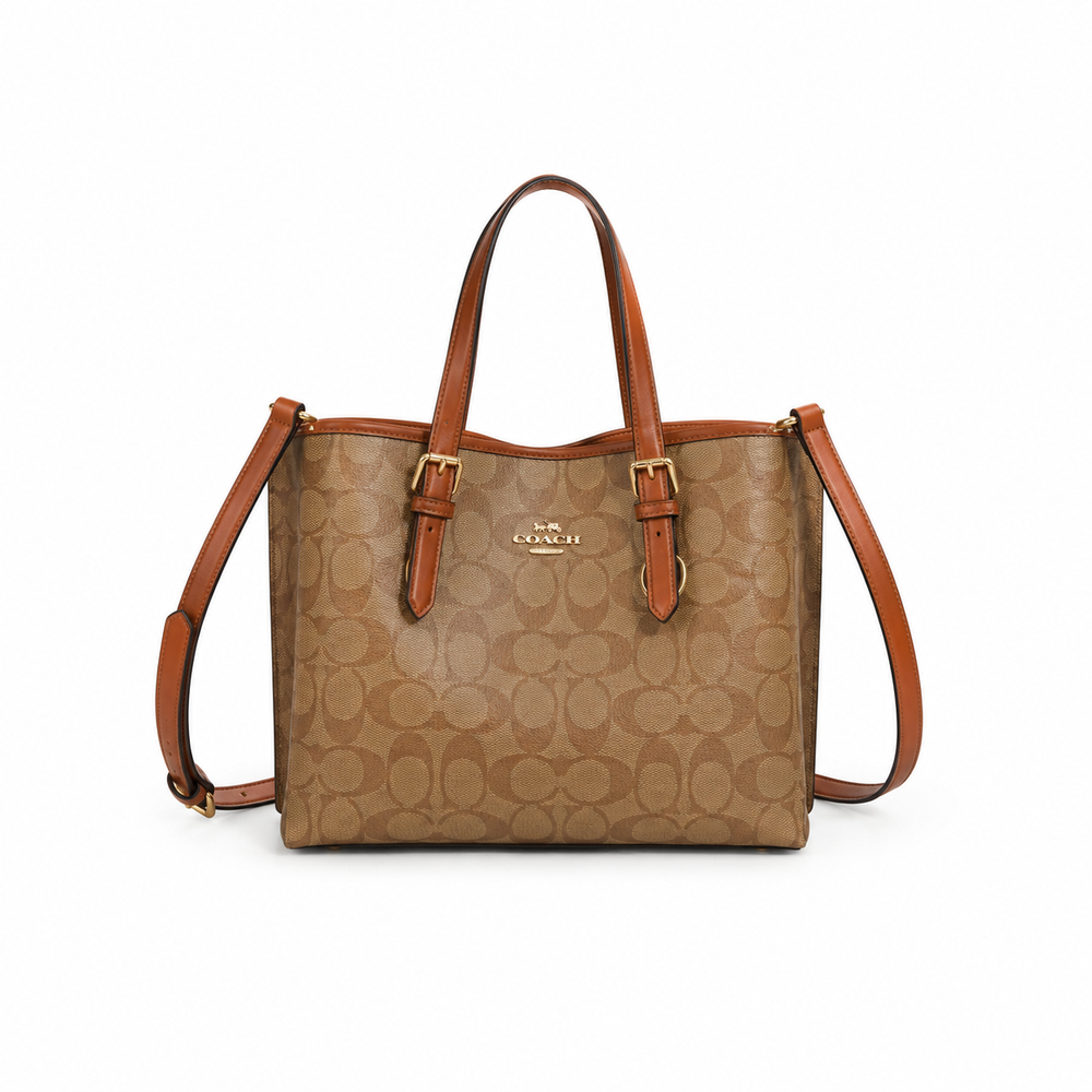 Coach Mercer Tote – Khaki Signature Canvas with Saddle Trim