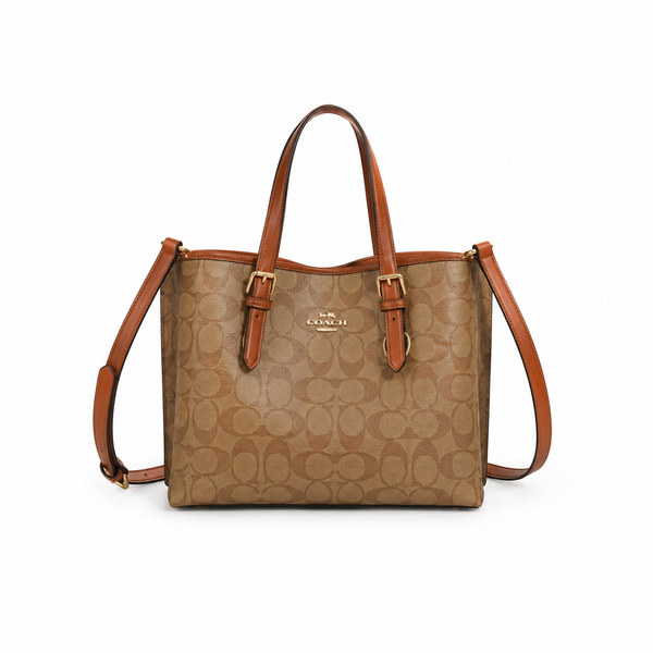 Coach Mercer Tote – Khaki Signature Canvas with Saddle Trim