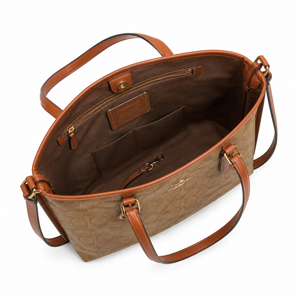 Coach Mercer Tote – Khaki Signature Canvas with Saddle Trim