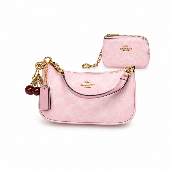 Coach Nolita 19 Bag with Cherry Charm in Signature Canvas (Pink) + Matching Mini Pouch