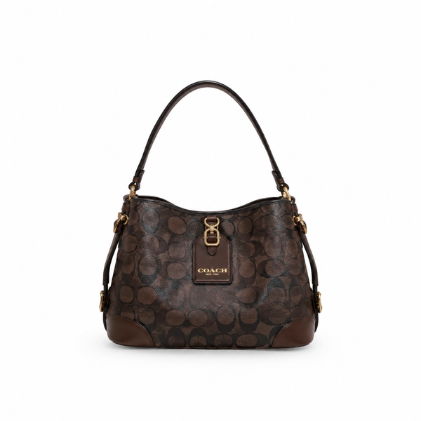Coach Brown Signature Canvas Hobo Shoulder Bag with Leather Tag