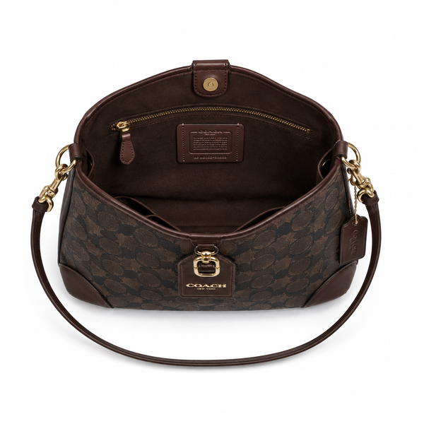 Coach Brown Signature Canvas Hobo Shoulder Bag with Leather Tag