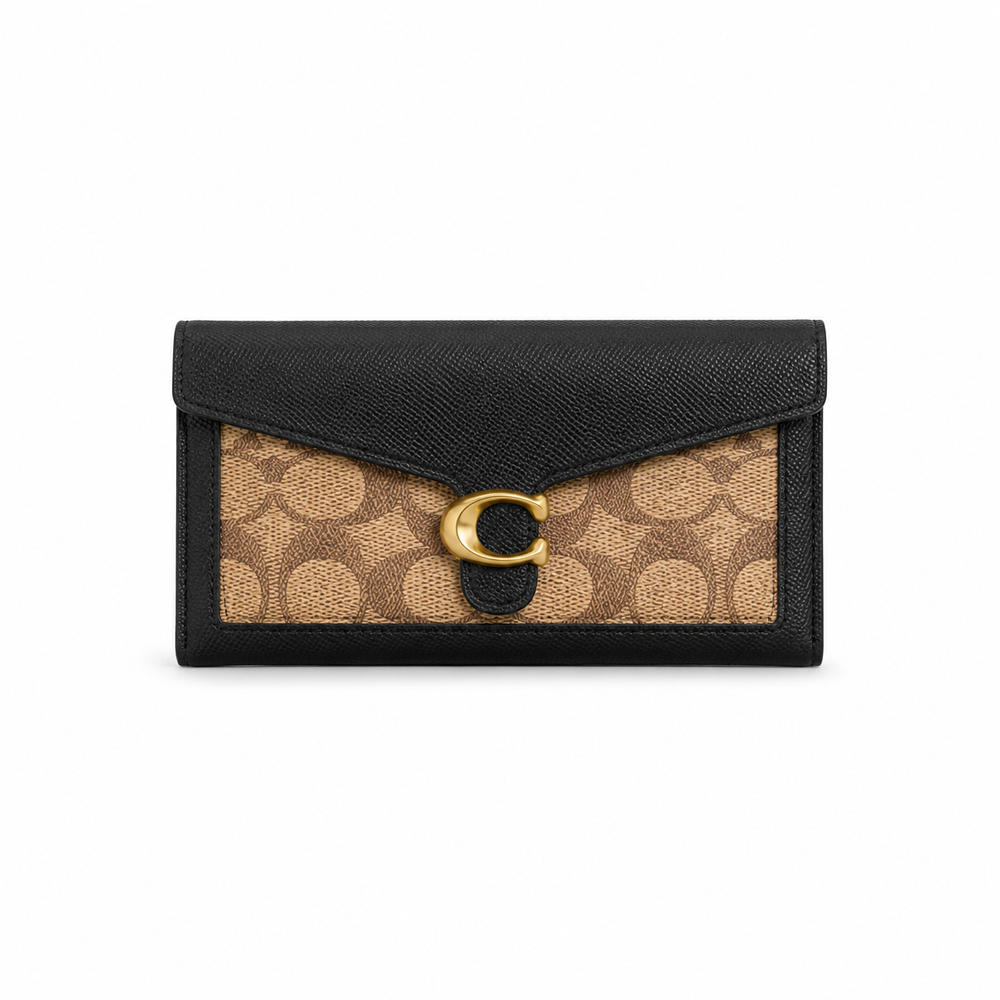 Coach Tabby Long Wallet in Colorblock Signature Canvas (Black/Khaki)