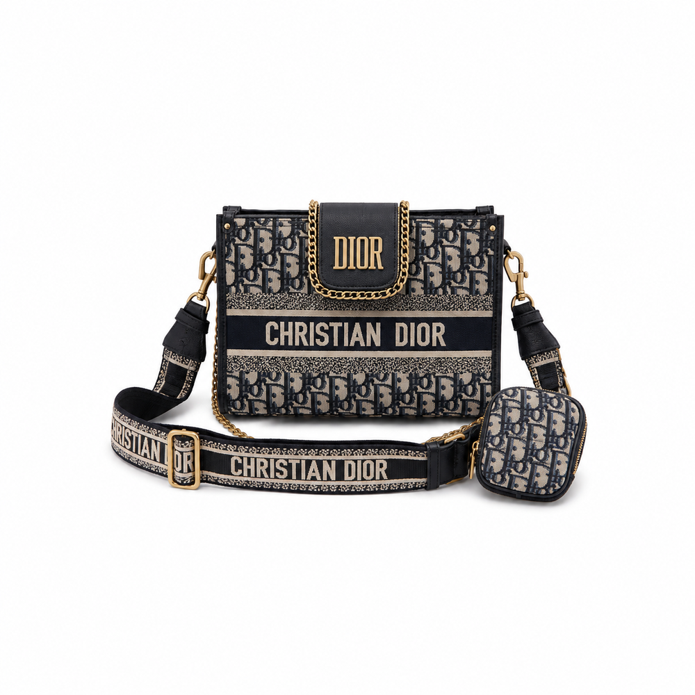 Dior Saddle Bag – Navy Oblique Jacquard with Logo Stripe