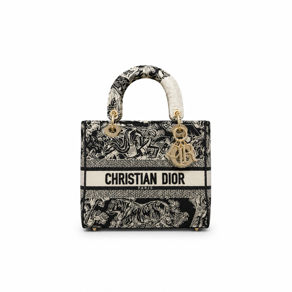 Lady D-Lite Bag – Black & White Toile de Jouy Embroidery