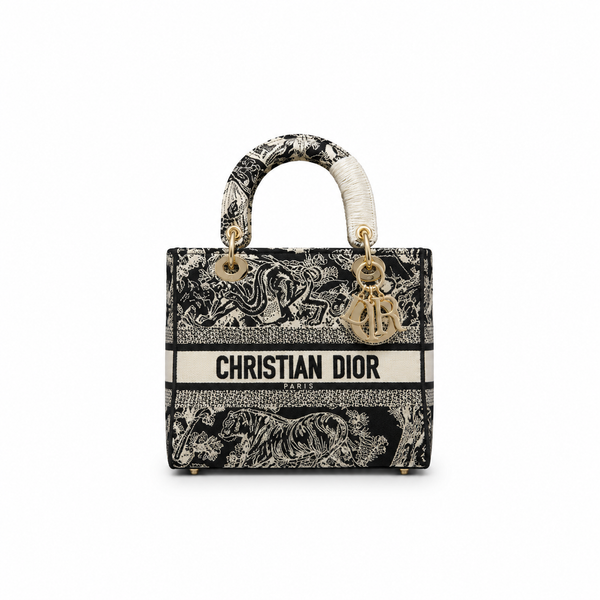 Lady D-Lite Bag – Black & White Toile de Jouy Embroidery