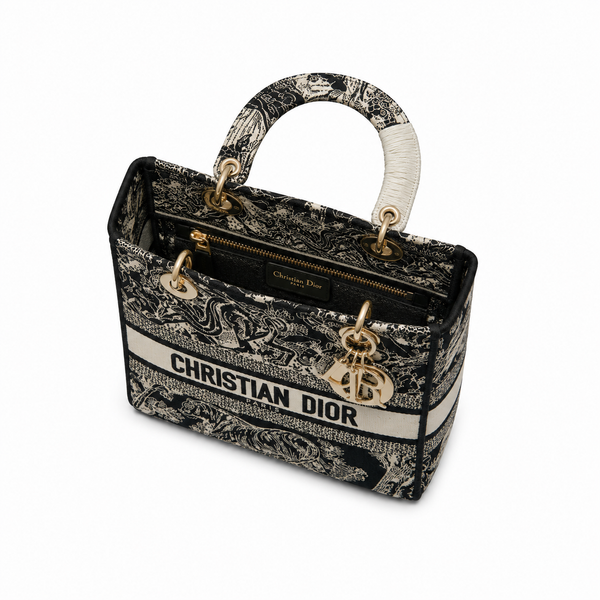 Lady D-Lite Bag – Black & White Toile de Jouy Embroidery