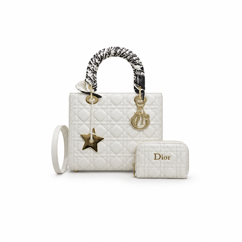 Lady Dior Bag & Wallet Set – White Cannage Leather with Star Charm