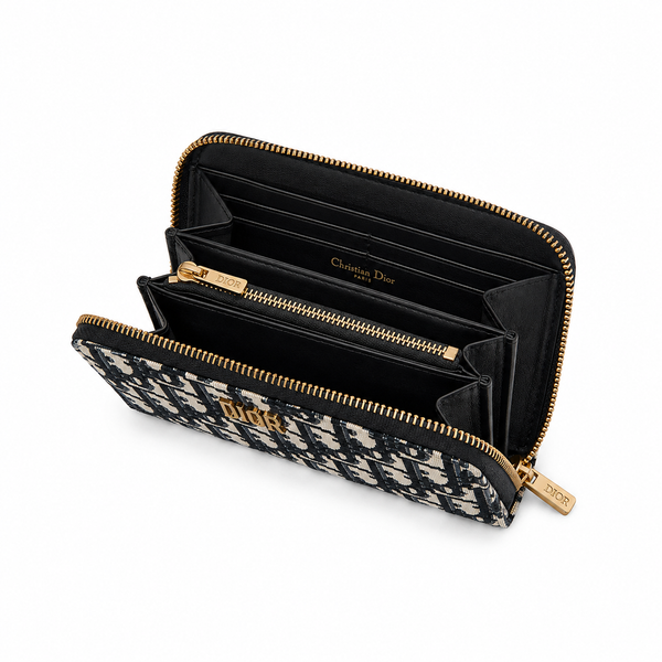 Christian Dior Zipped Continental Wallet in Dior Oblique Jacquard (Beige/Navy)
