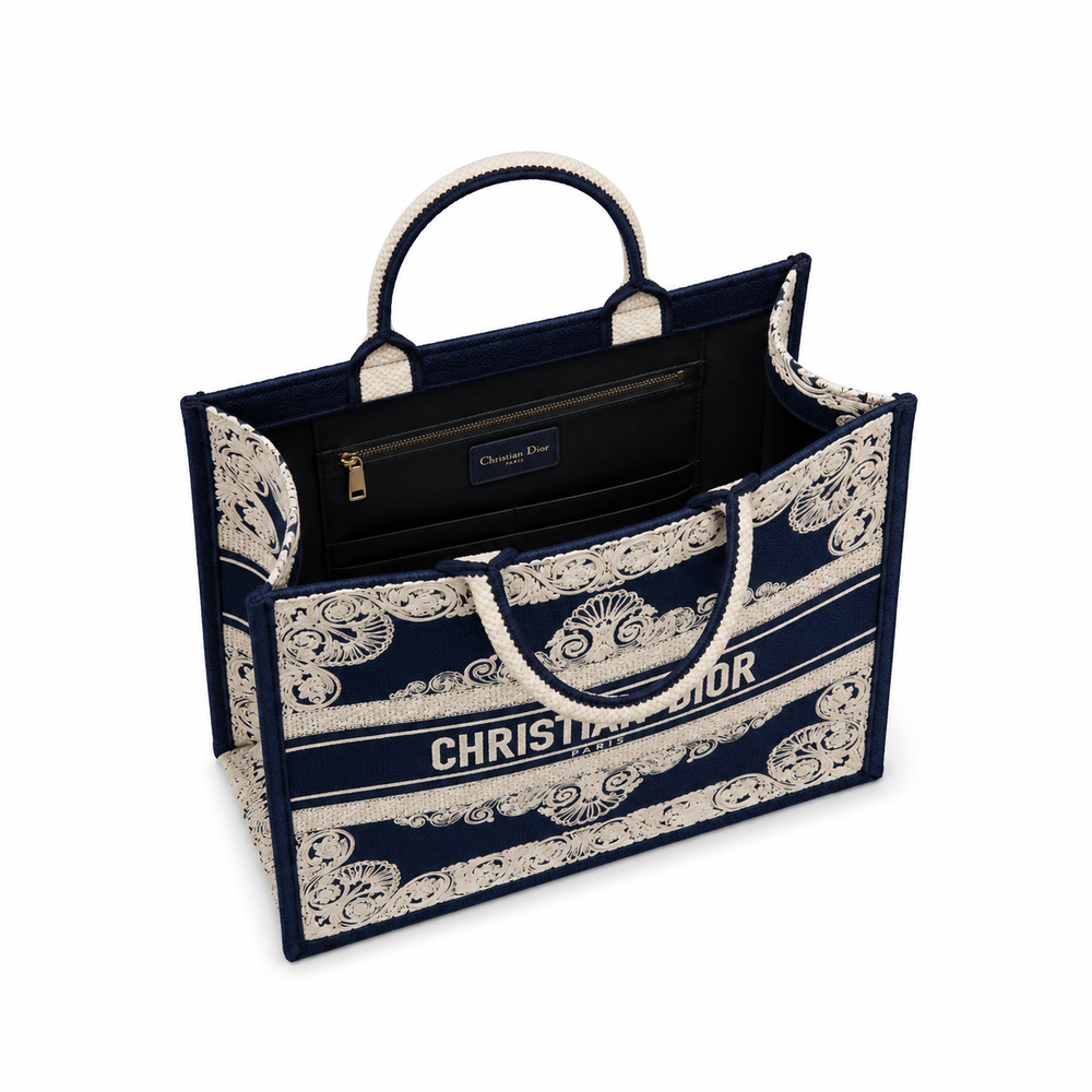 Dior Book Tote – Navy Baroque Embroidered Canvas