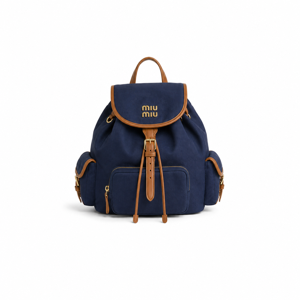 Miu Miu Canvas and Leather Backpack (Navy/Tan