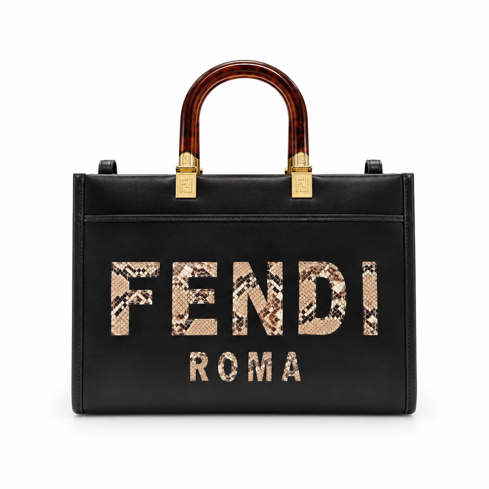 Fendi Black Python-Trimmed Tote Bag