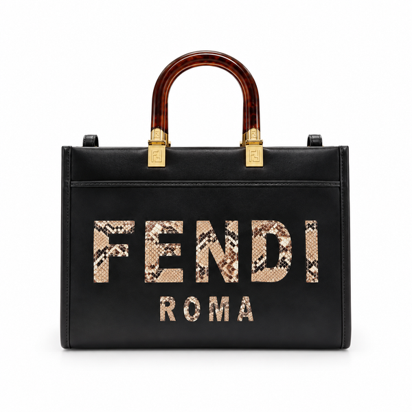 Fendi Black Python-Trimmed Tote Bag