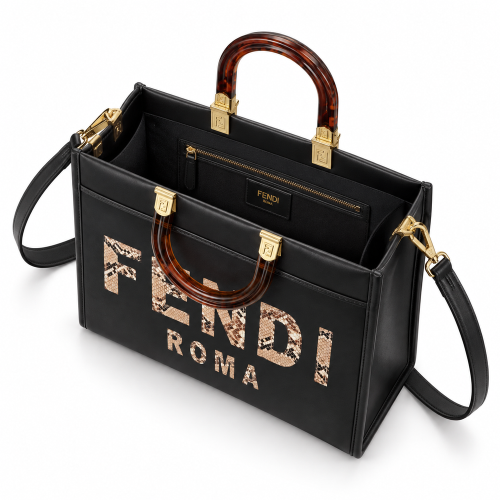 Fendi Black Python-Trimmed Tote Bag
